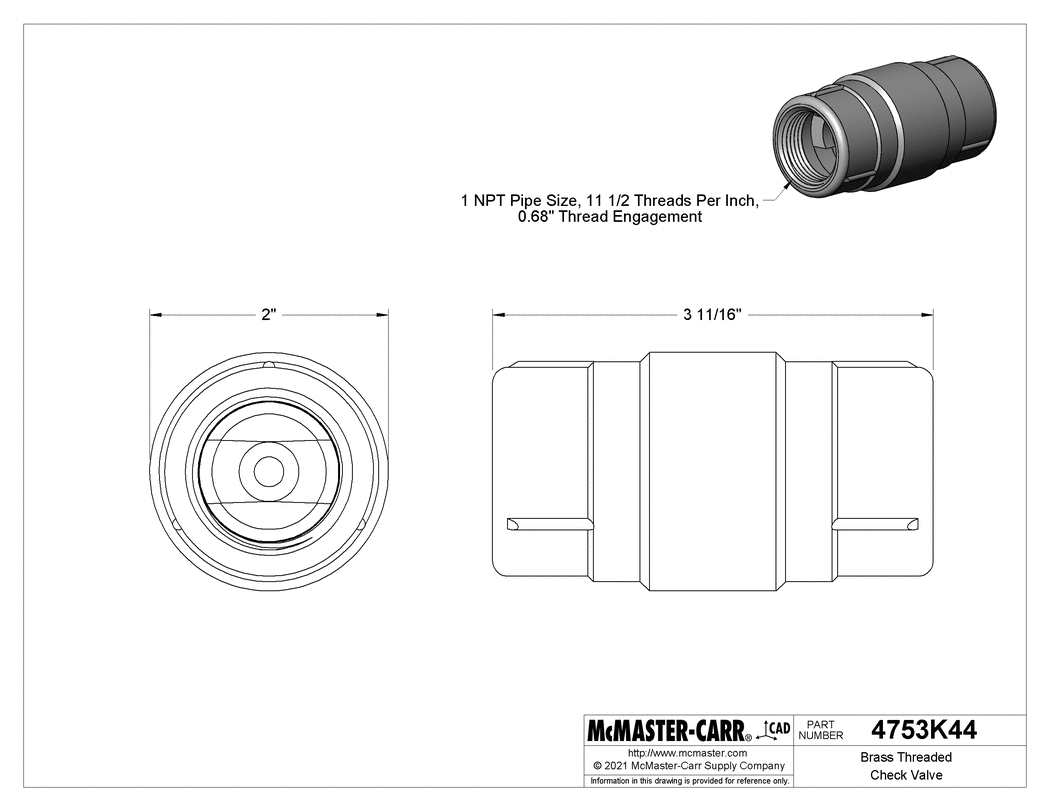 Technical Drawing of Brass Threaded Check Valve, 304 Stainless Steel Spring-Loaded Piston, 1 NPT Female.